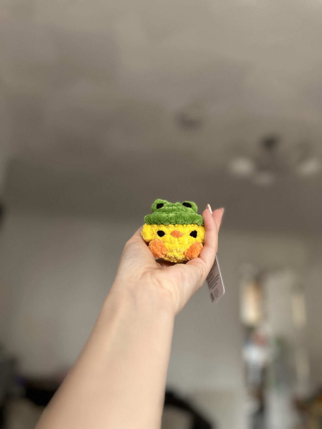 Crochet chick with a frog hat