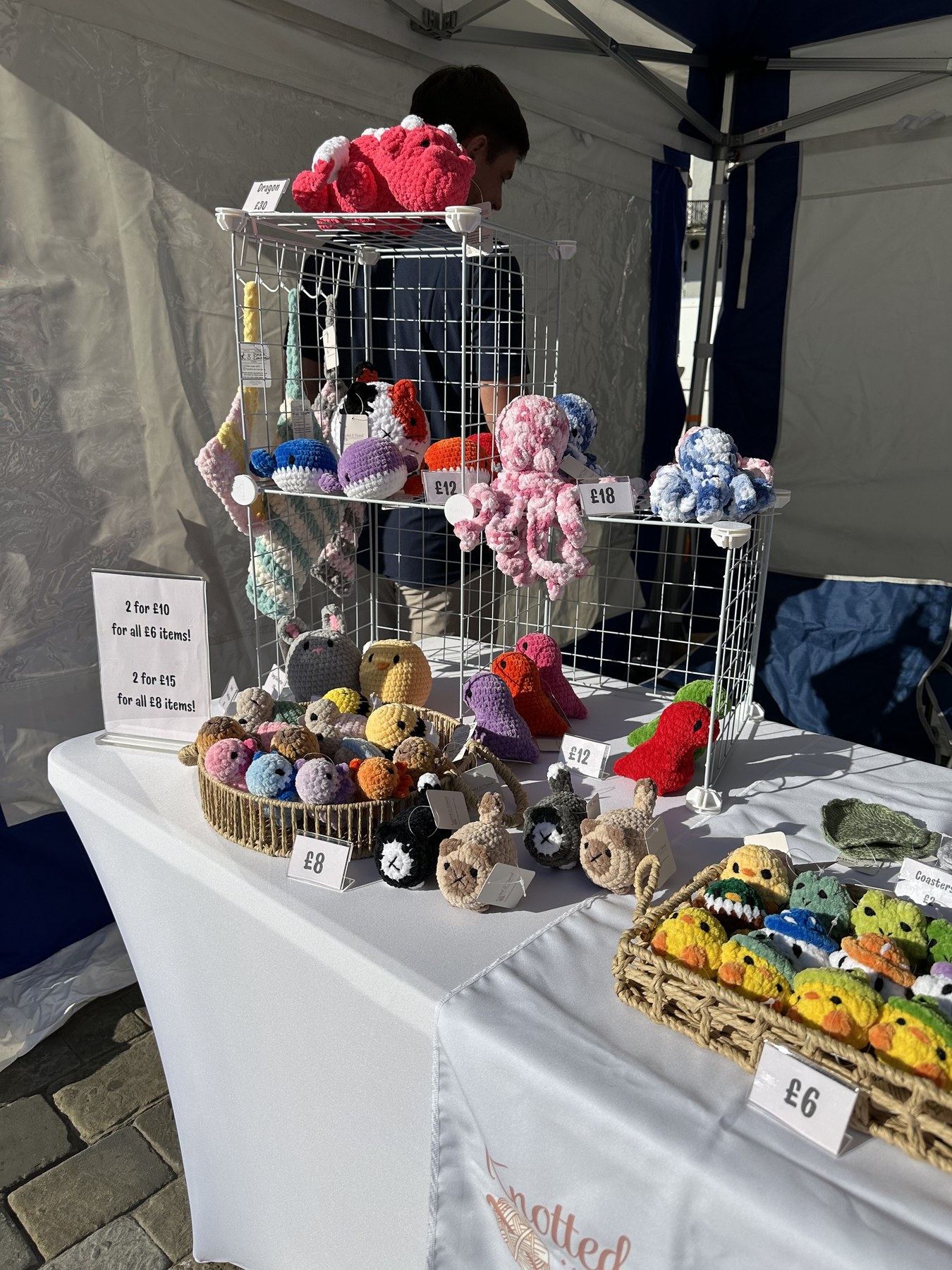 Market stall with red dragon on top of the cage, small and large octopus, bumble bees, chicks and cats